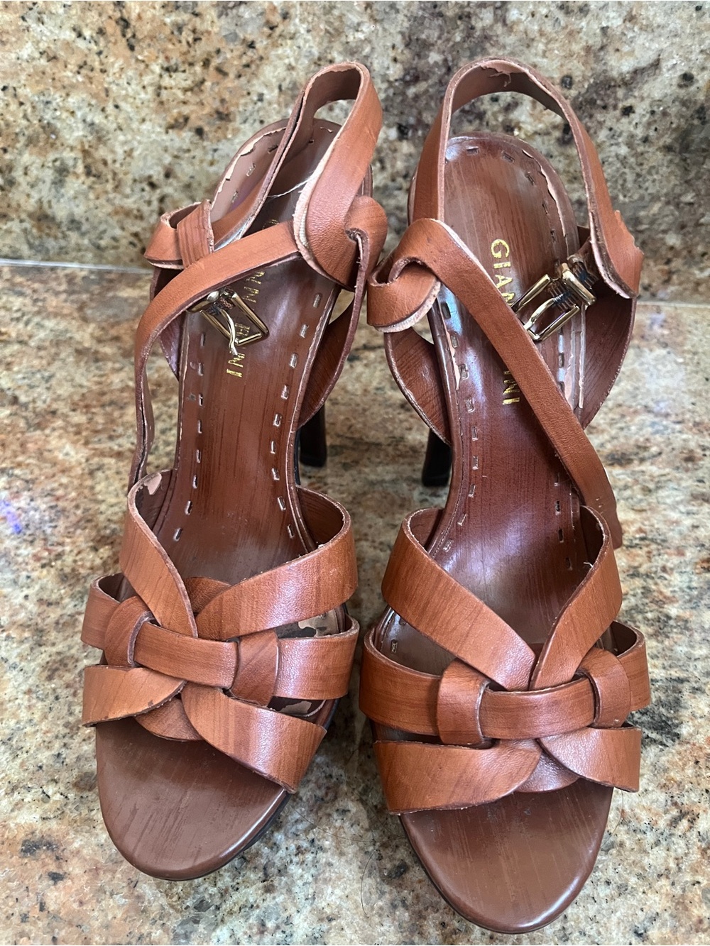 Gianni Bini Brown Leather Knot Front stiletto platform Slingback Heels